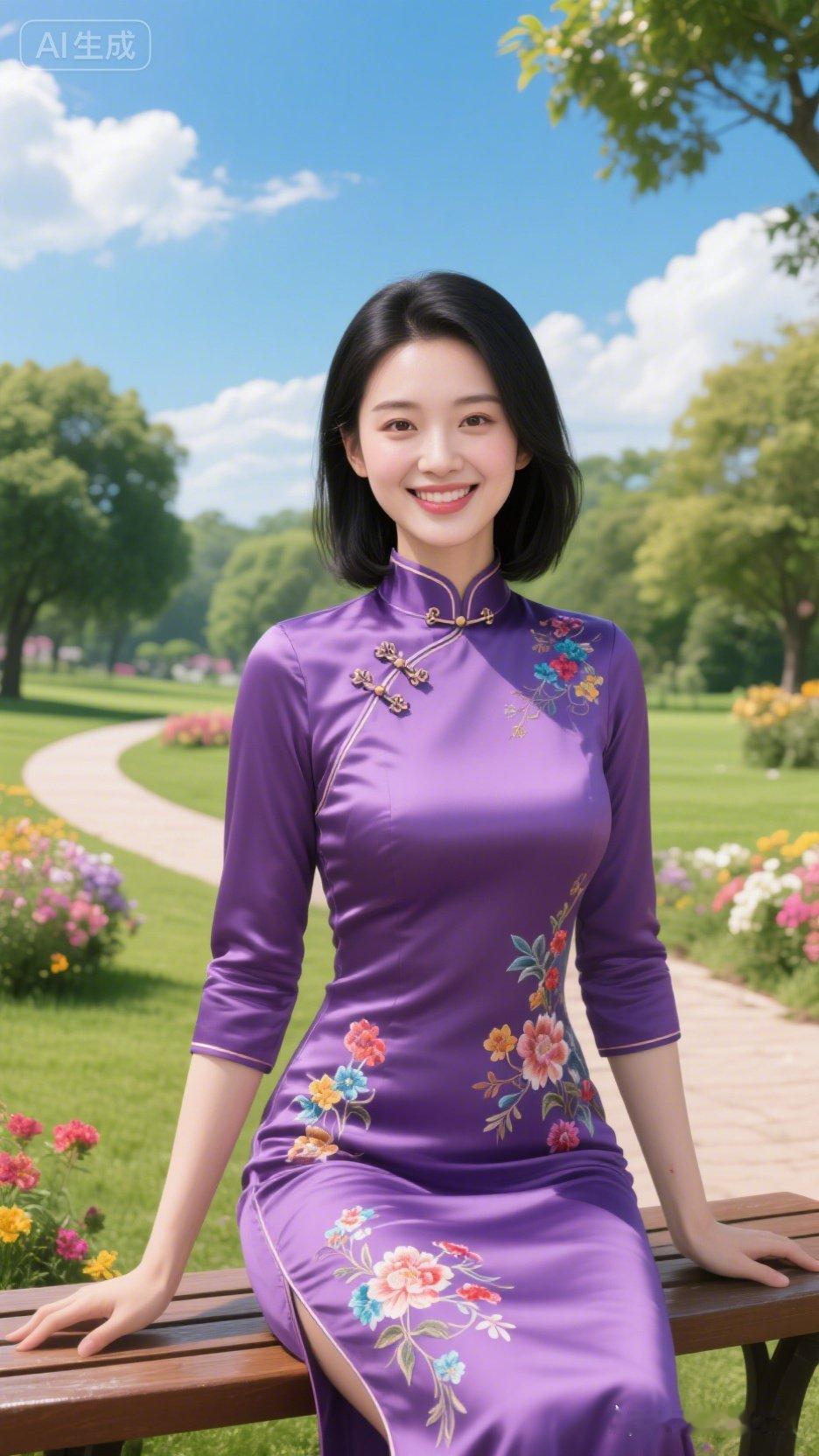 紫色旗袍花仙子，公园长椅上的优雅时光！