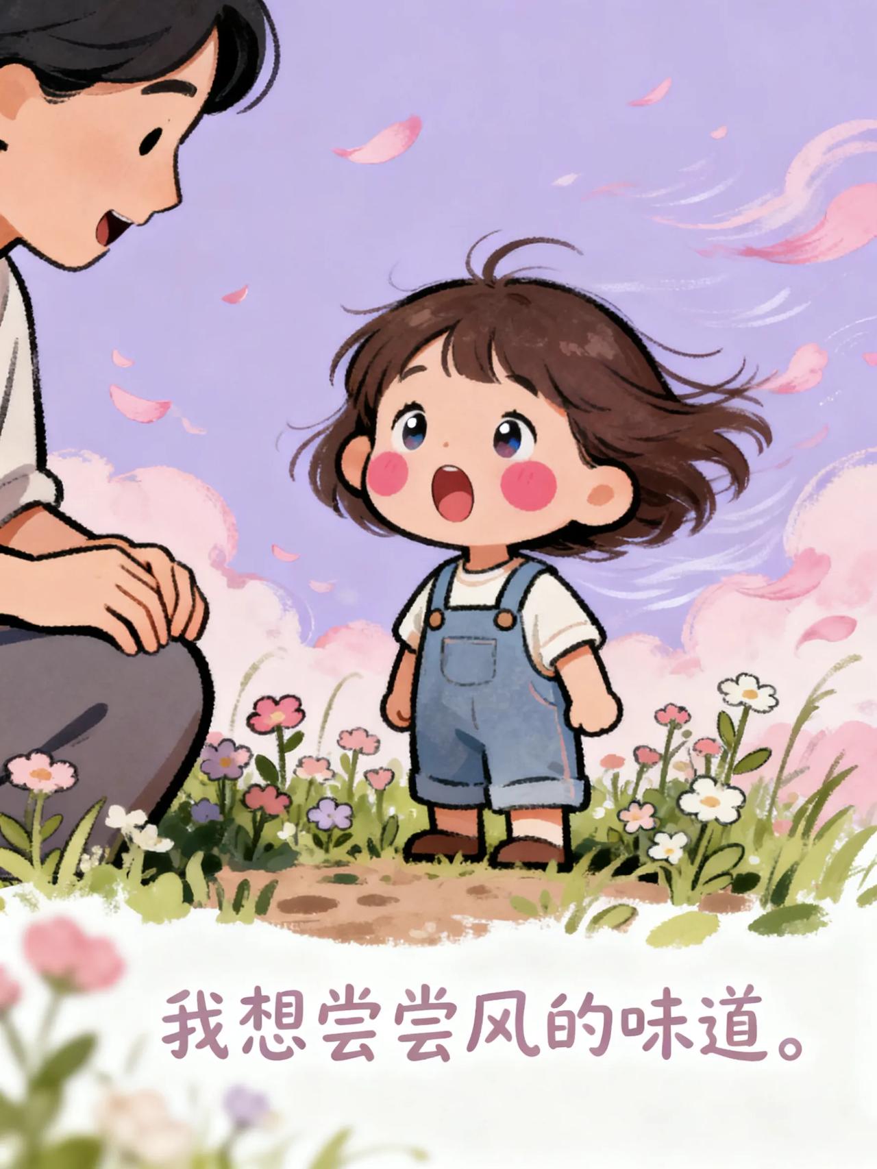 风很大，娃突然张嘴
问她在干嘛，她说：
“我想尝尝风的味道。”