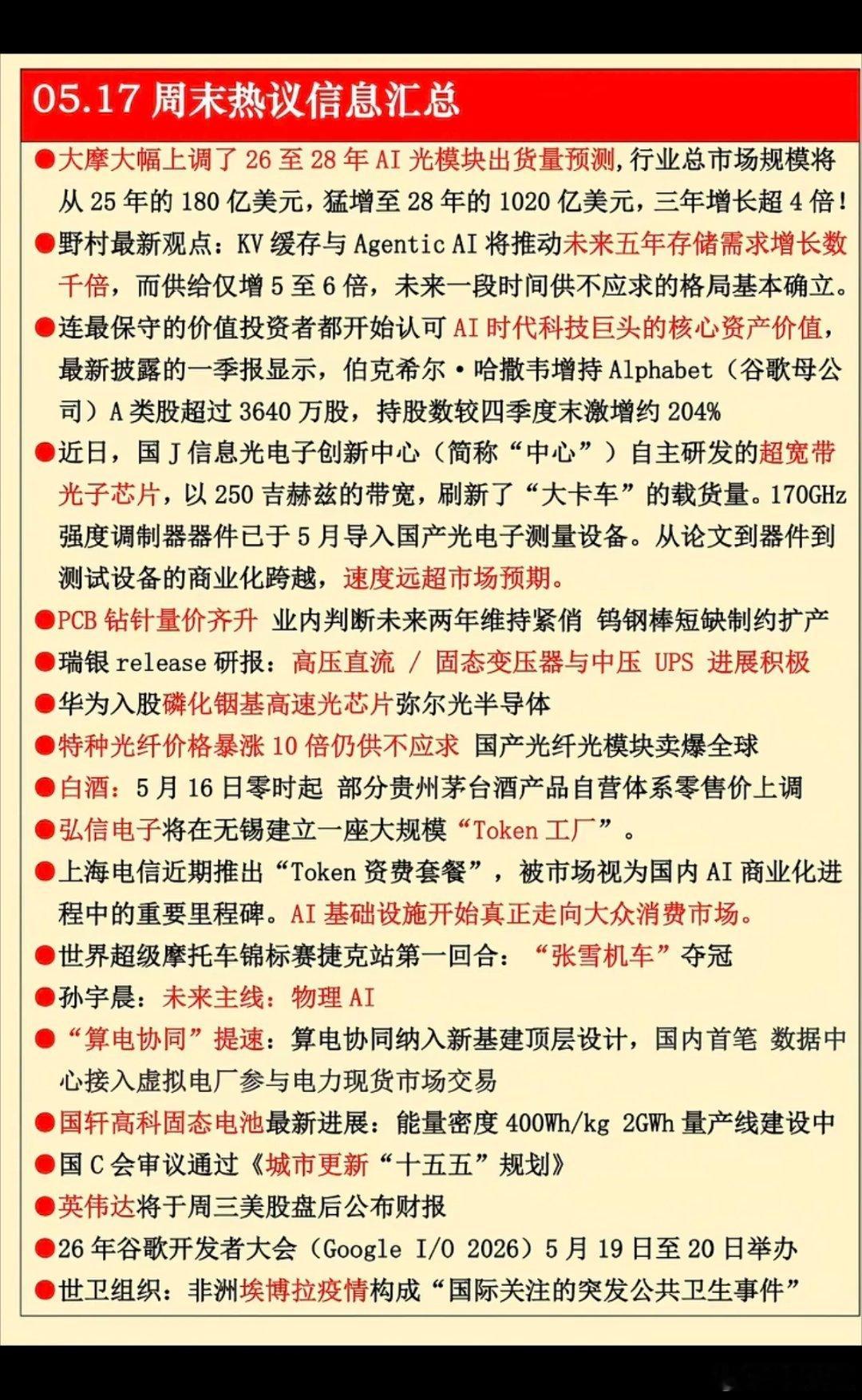5.17周日  周末财经信息汇总！1.光模块2.存储芯片，需求增加千倍3.超宽带