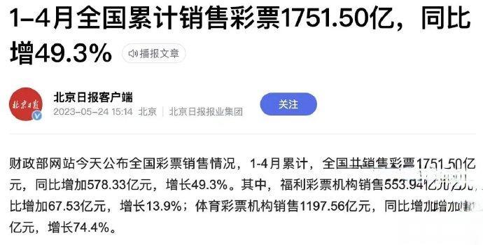 有意思，今年头四个月，我国彩票销售暴增近50%[震惊]！穷则思变也挺好，都想搏一