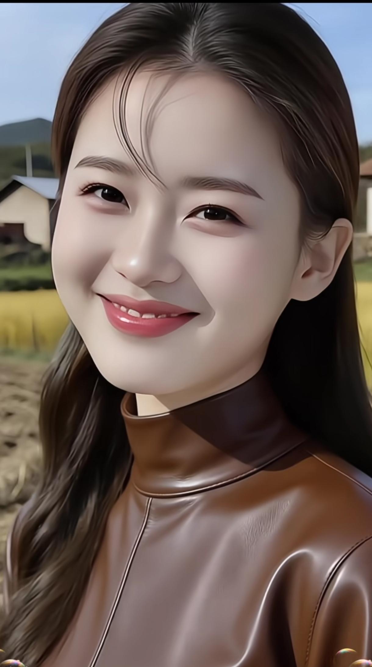 甜美微笑，秋日暖阳下的少女，棕色皮衣，温柔动人。少女风写真照 秋日少女照 暖棕色