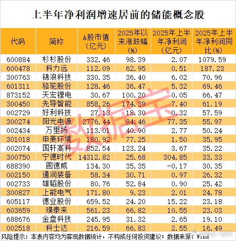 海外储能需求爆发式增长，净利润增速居前的概念股名单A股 ​​​
