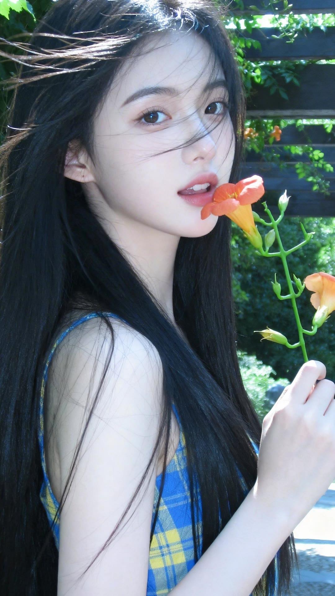 阳光下的少女与盛开的橙花，自然与青春的完美融合。🌸💐🌞