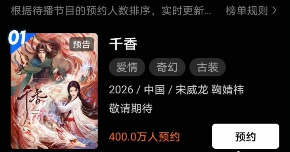 千香先后破300万里程碑，现在又冲到400万优酷站内预约大关 ，长期稳居优酷待播