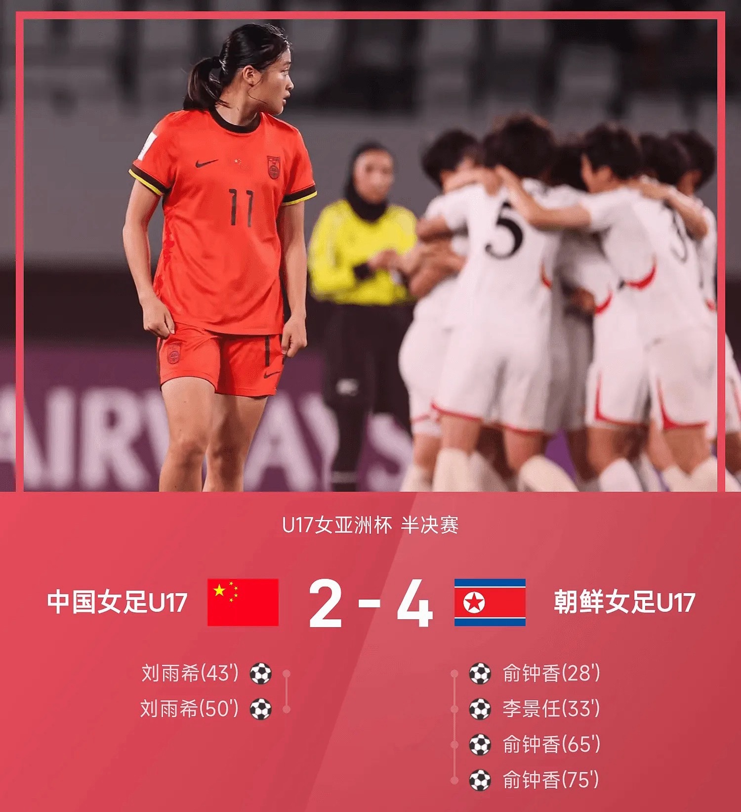 U17女亚洲杯半决赛，朝鲜女足U17以4-2战胜中国女足U17。上半场，俞钟香和