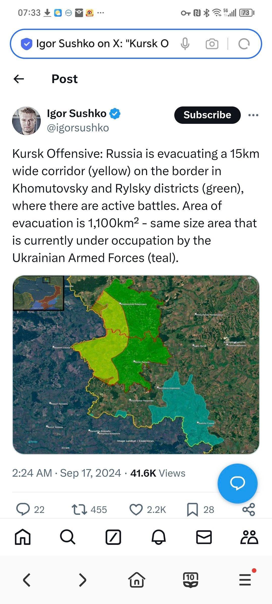 乌军在库尔斯克的攻势： 俄罗斯正在霍穆托夫斯基区（Khomutovsky）和里尔