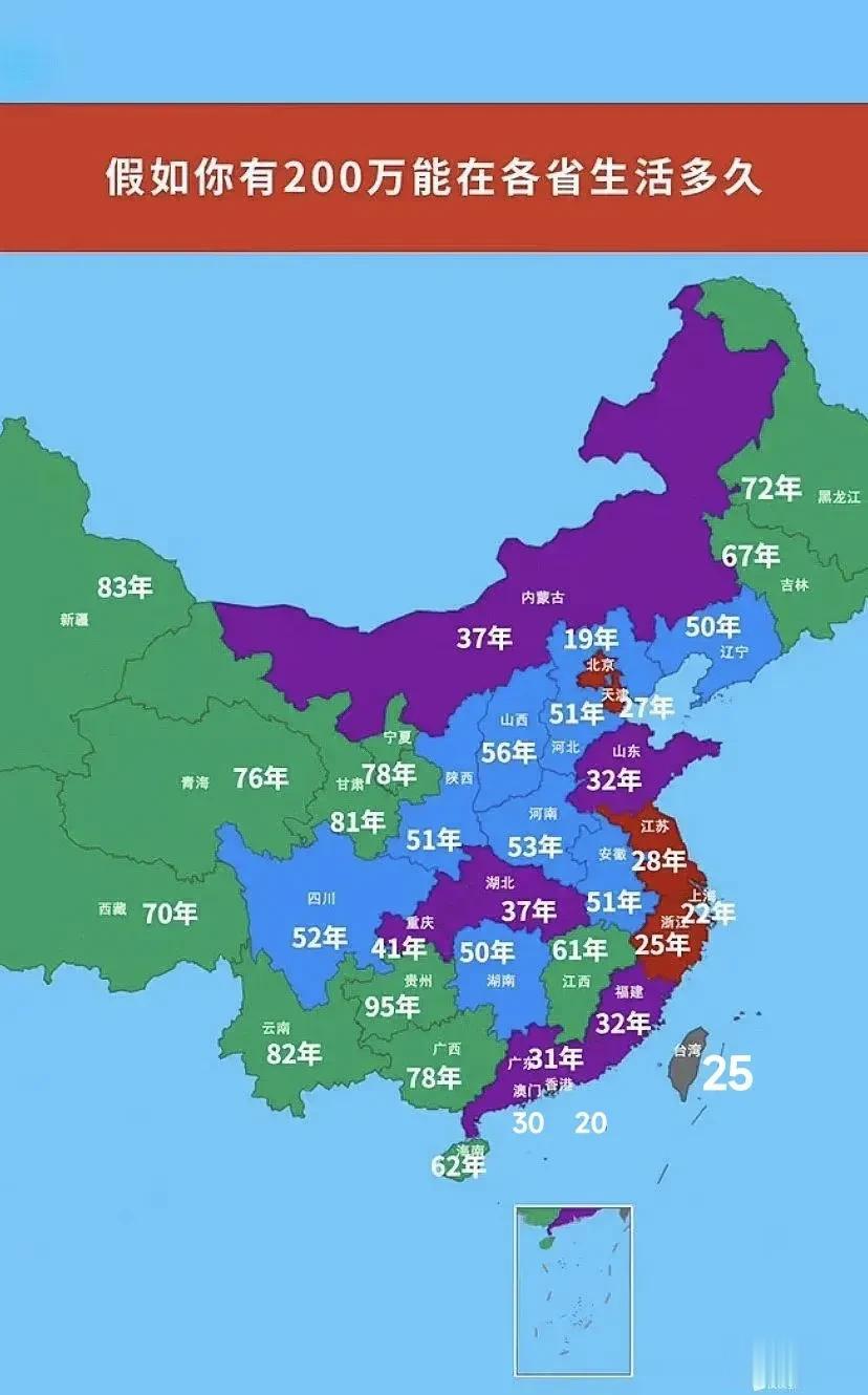 200万在各个省能生活多长时间

虽然很多人没有200万，但是200万真不够花，