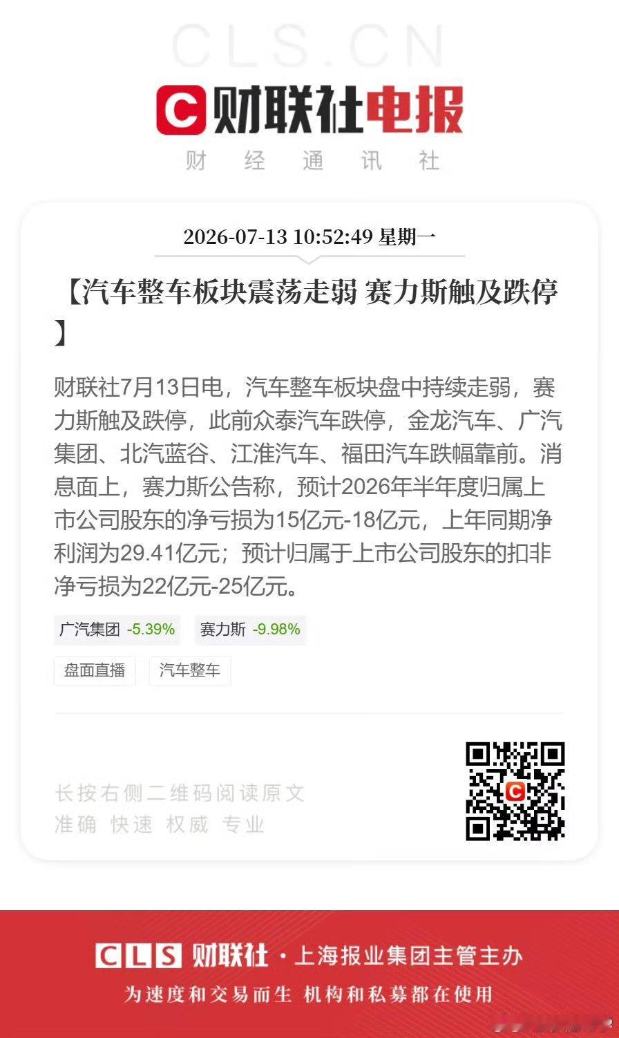 赛力斯触及跌停 科技股真是跌跌不休啊，有华为靠山的赛力斯也逃不过大盘的整体走弱。