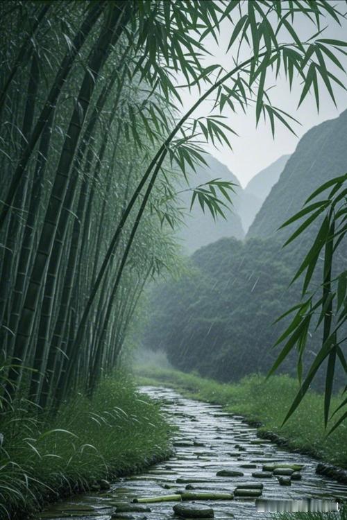 上联：晨雨微湿林边竹，
下联：晚霞浓染湖岸柳，
下联：暮露轻沾陌上花。