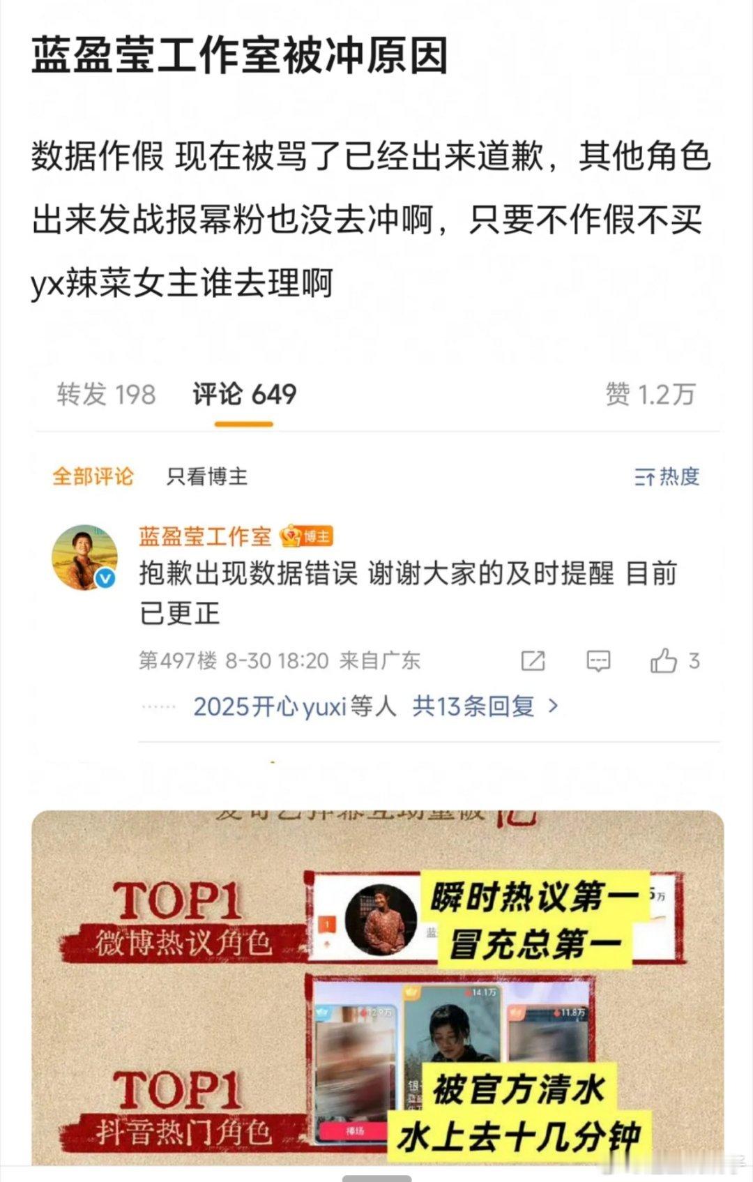 蓝盈莹工作室数据作假？不至于吧[笑cry] ​​​