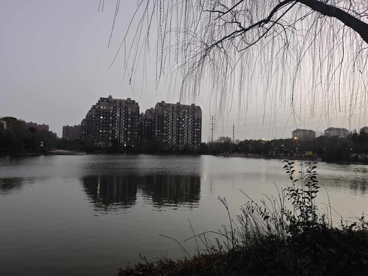 节后临湖
 
岁晏繁声歇，临湖意自平。
柳垂寒岸影，水载暮楼情。
灯启千家静，波