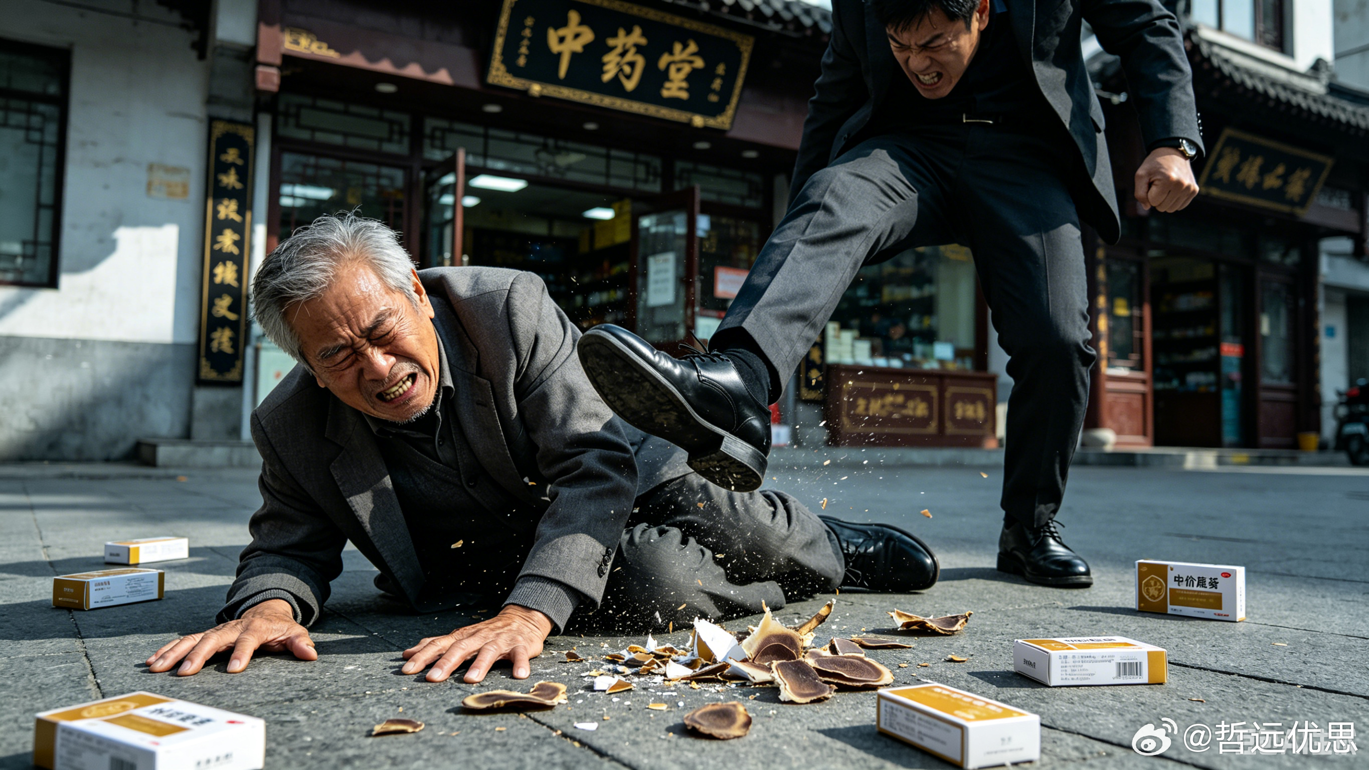 老人不买天价鹿茸被一脚踹翻 近日，江苏南京发生一起恶劣的强迫交易案。周大爷在早市