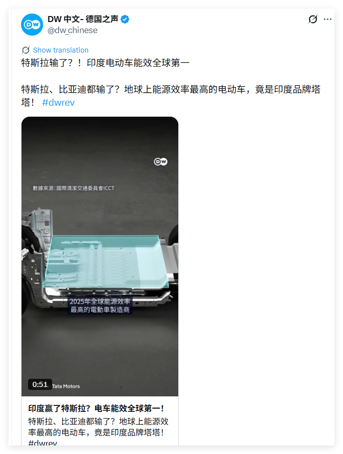 德国媒体DW宣布：特斯拉输了？！印度电动车能效全球第一特斯拉、比亚迪都输了？地球