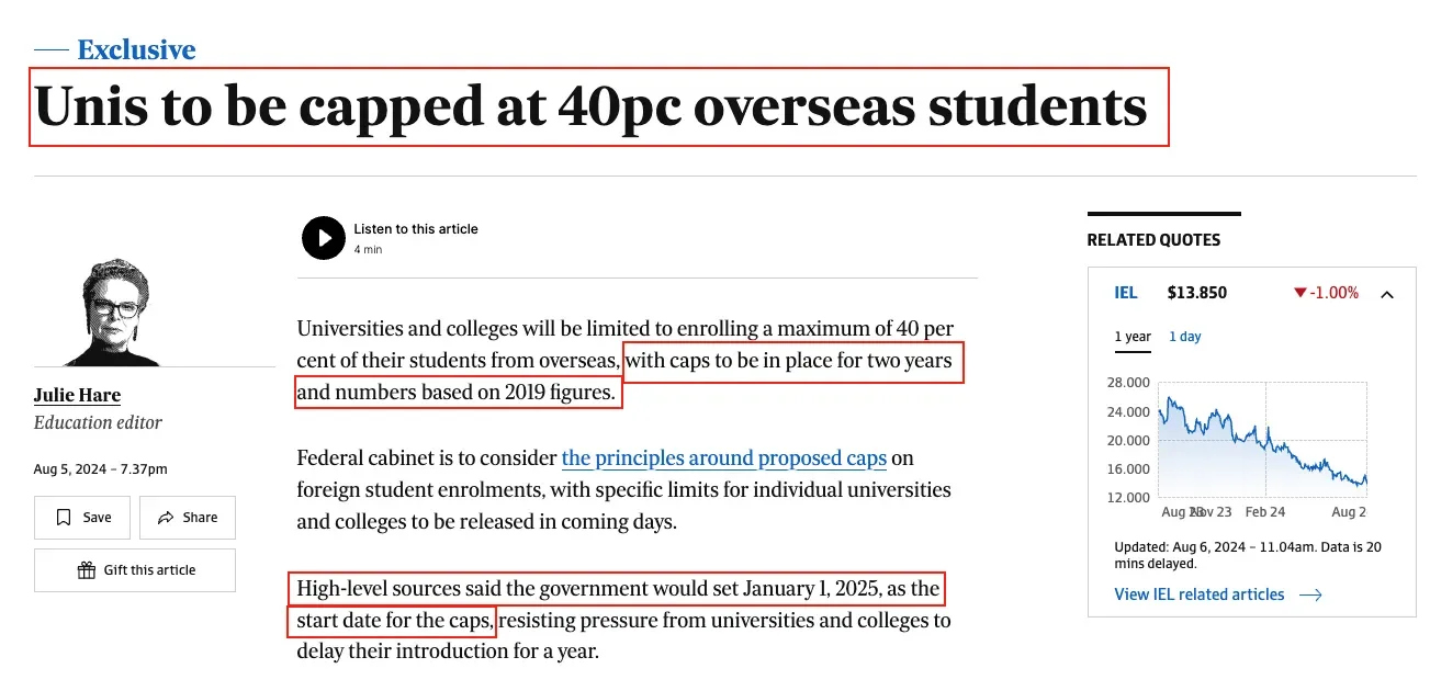 澳洲设置留学生上限—40%