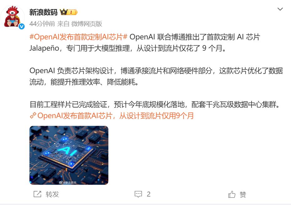 OpenAI首款定制AI芯片官宣，9个月完成流片
新浪数码今天发了条OpenAI