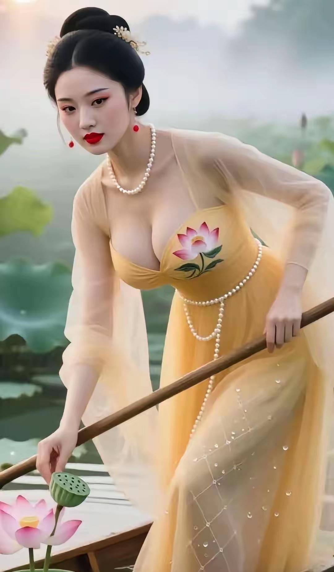 古风美人撑船赏荷，红妆玉佩，韵味十足！🌸💄👗