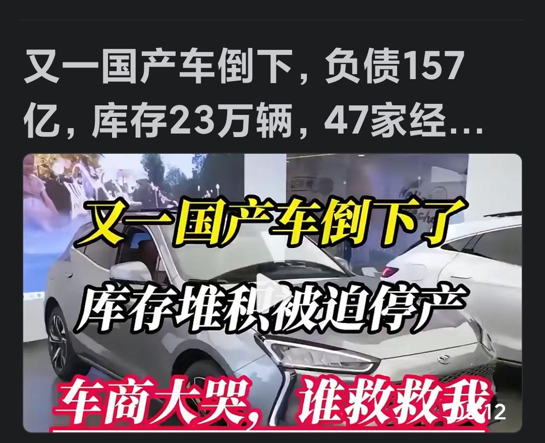 阴公啰，又一家国产车企倒下了。
我想替消费者弱弱问一句，要是国产车企倒闭了，其零