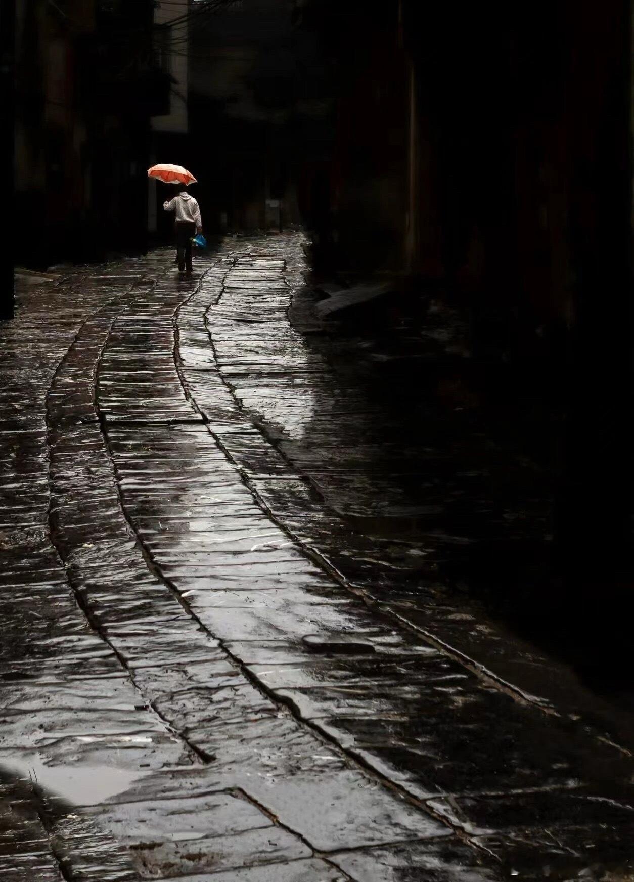 《雨巷独行》雨把老街洗成黑白一把红伞，缓缓游过青石板咽下水声脚印独自数着清冷风翻