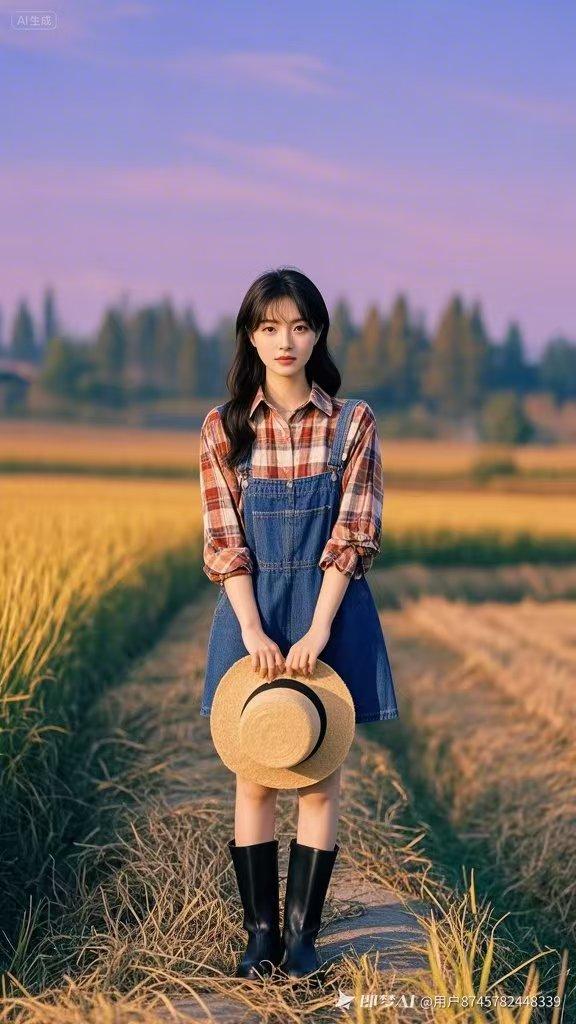 秋天的稻田里，我穿着格子衫和牛仔裙，手拿草帽，准备开始劳作，虽然很累，但心情特好