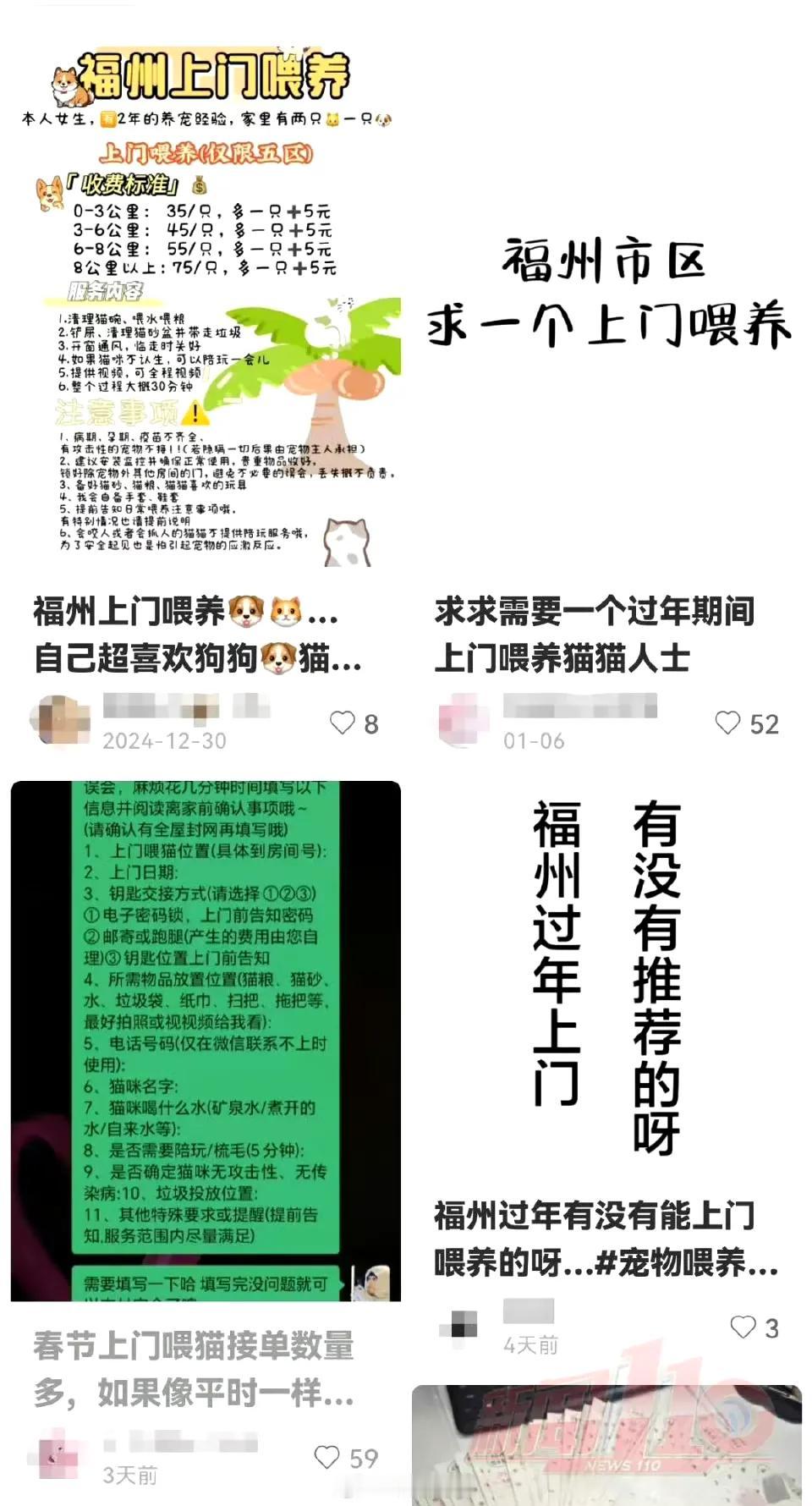 福州上门喂猫遛狗生意爆火

春节临近，有不少福州网友发布上门喂养宠物相关的内容，