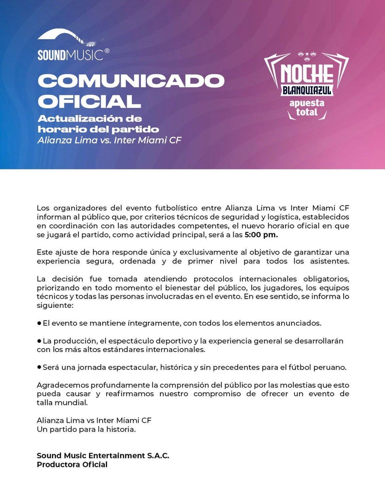 💥主办方官方宣布：考虑到所有观众的安全，迈阿密国际对阵利马联盟的比赛开球时间将