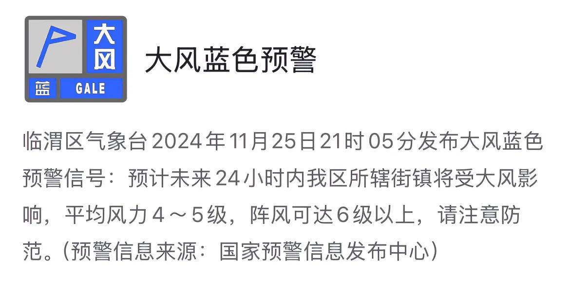 临渭区气象台2024年11月25日21时05分发布大风蓝色预警信号：预计未来24