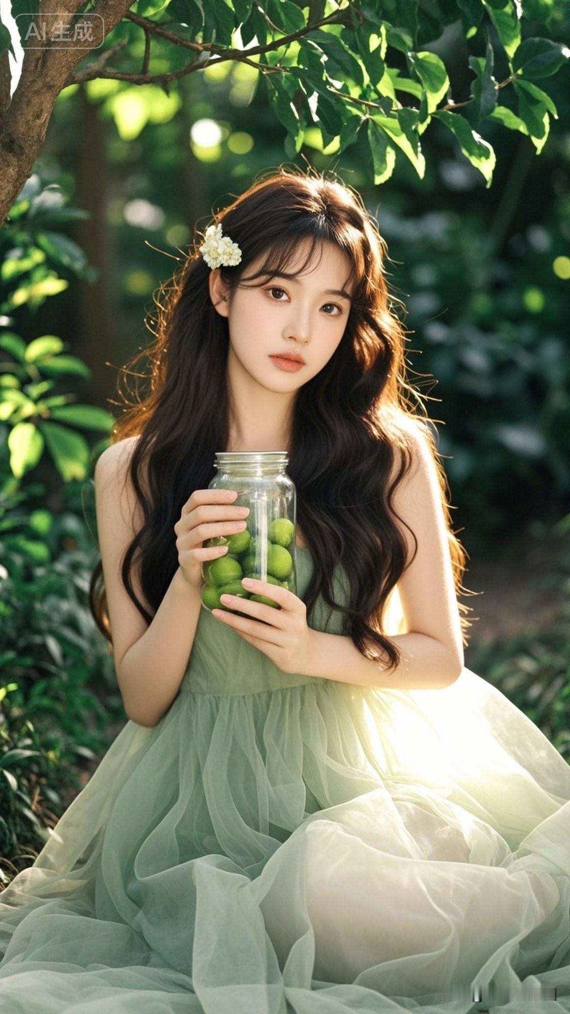 在阳光洒落的森林中，温柔少女手持玻璃瓶，宛如童话中的仙子。