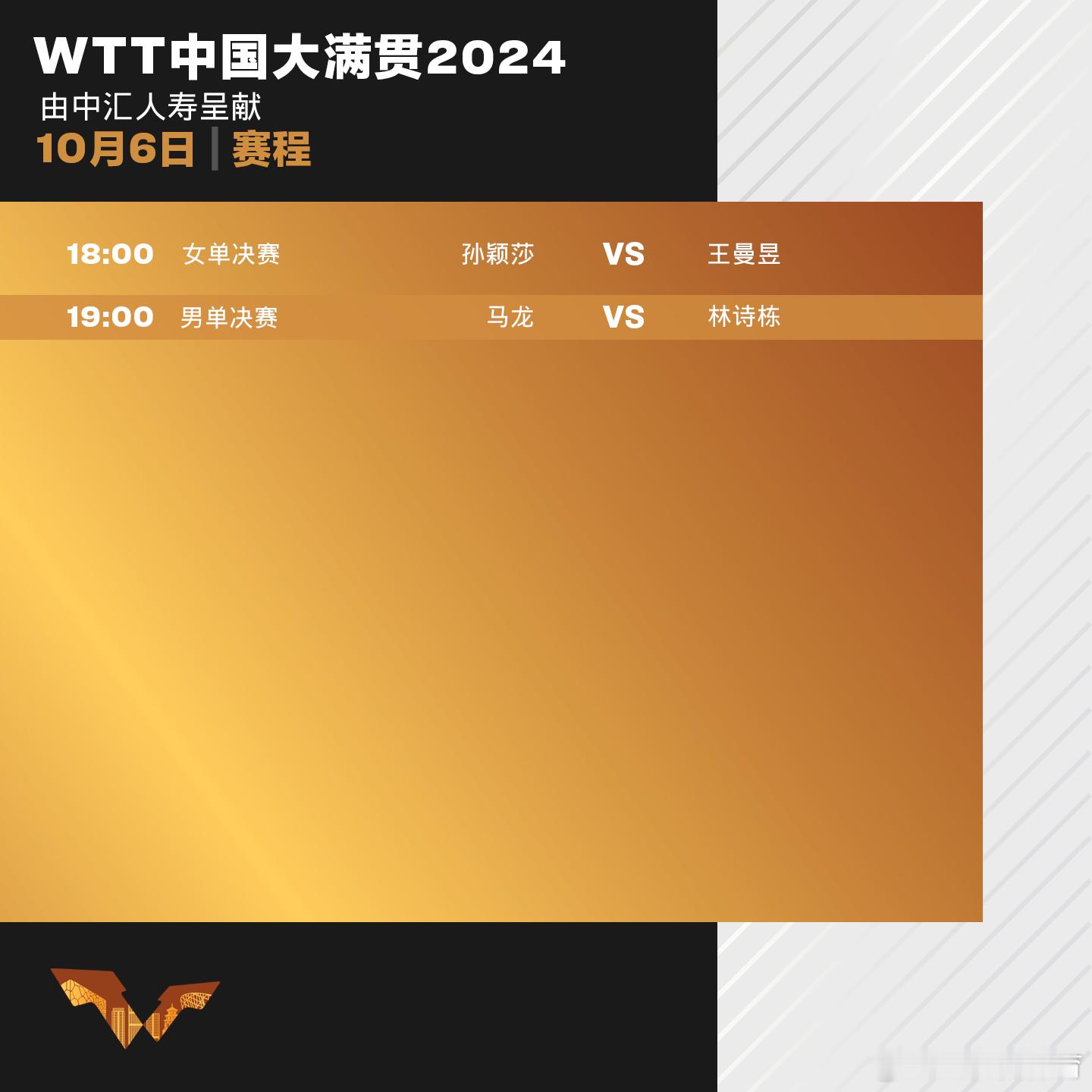 #wtt中国大满贯2024# 10月6日:18:00女单决赛孙颖莎VS王曼昱；1