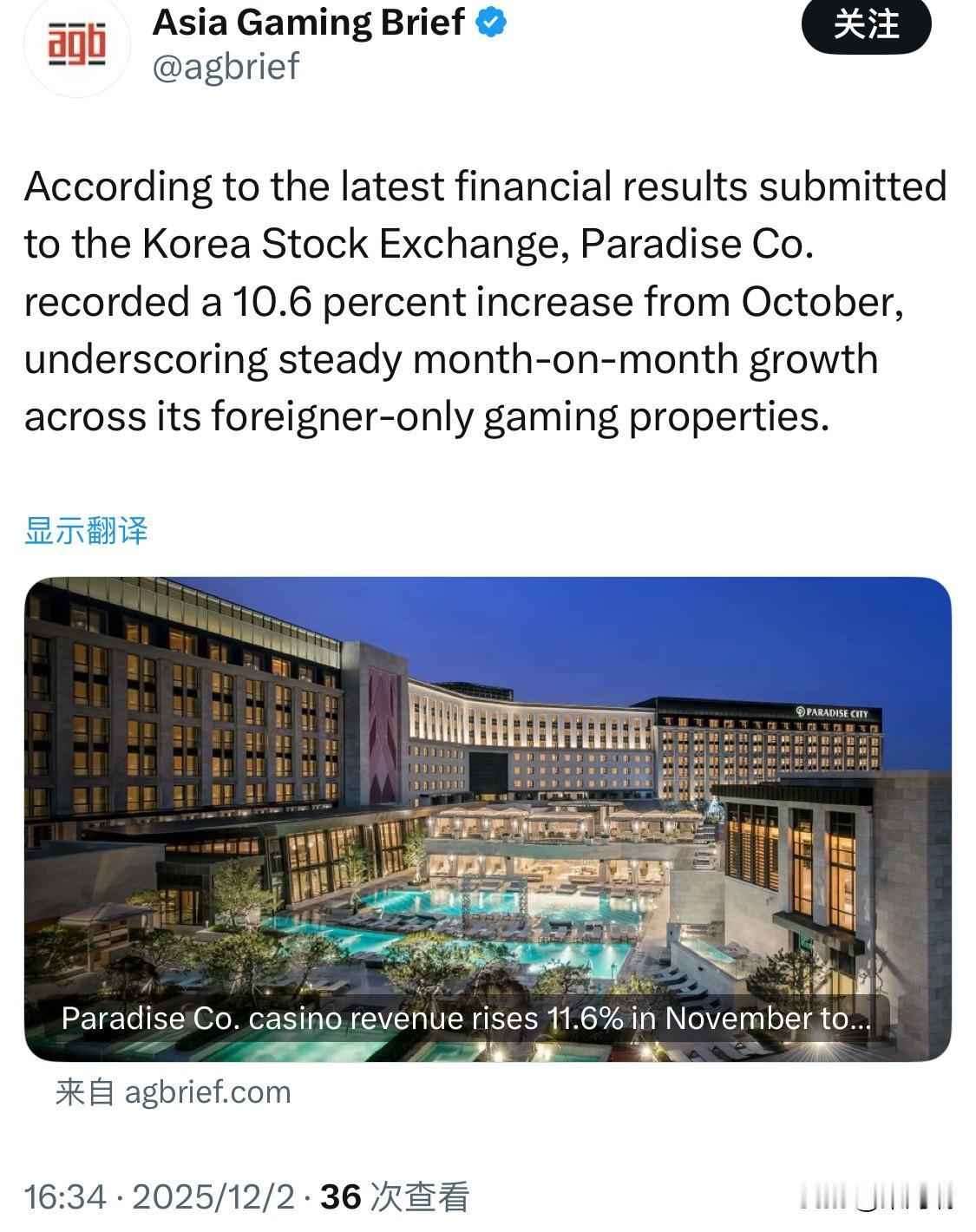 根据向韩国证券交易所提交的最新财务业绩，Paradise Co. 的业绩较 10