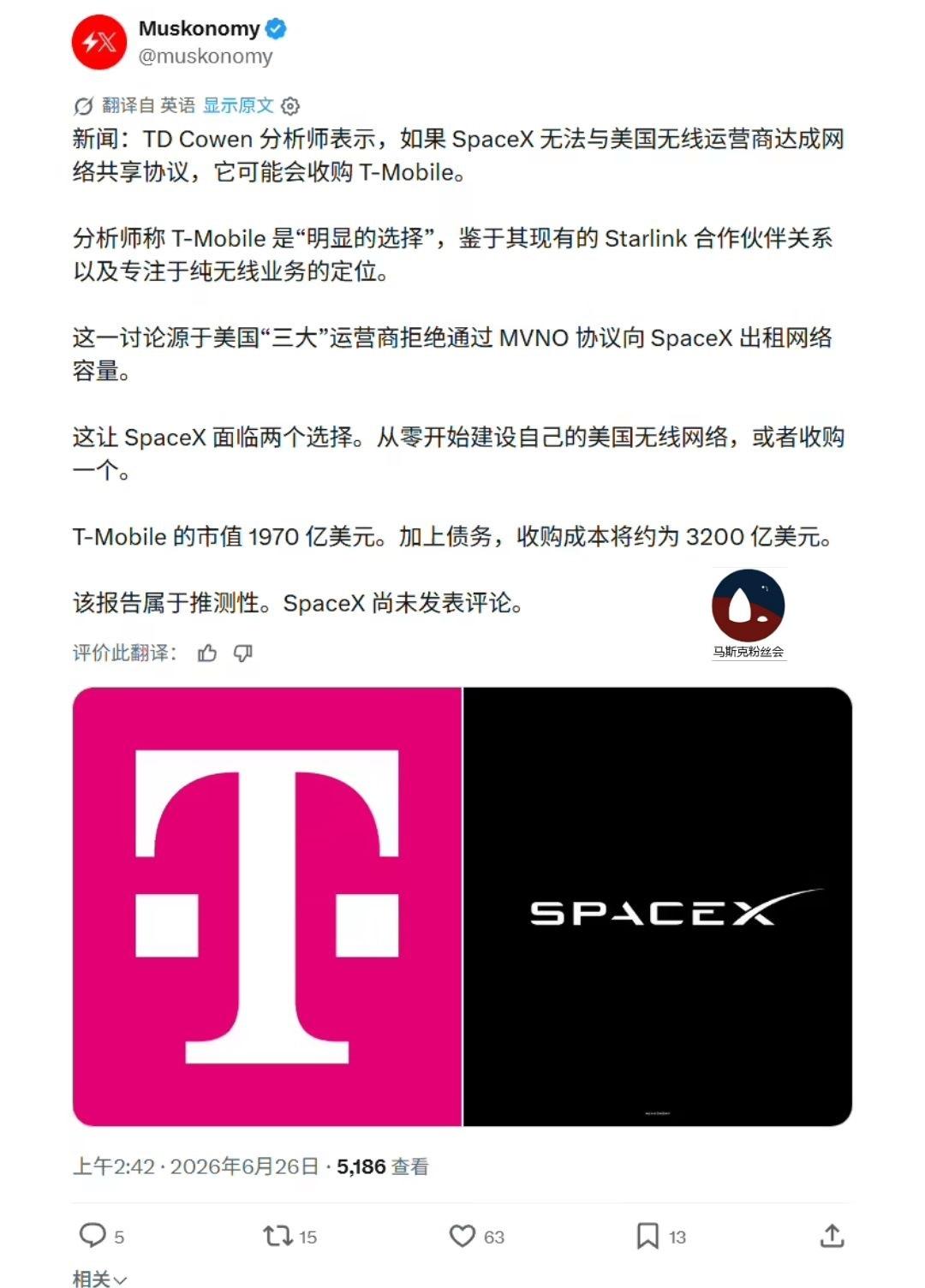分析师预测，
SpaceX将会，
收购t mobile。
牛牛牛牛牛