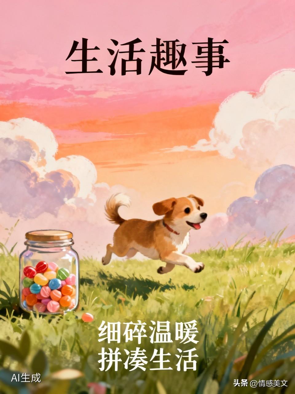 早上出门遇见慢悠悠过马路的小狗，买早餐老板多送了一颗糖，傍晚回家看见天边好看的晚