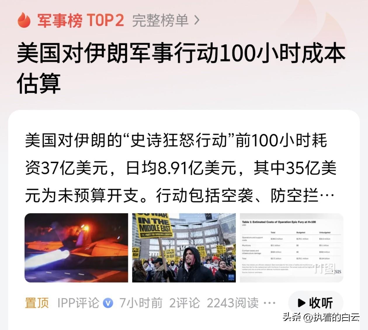 美国对伊朗军事行动成本曝光，“史诗狂怒”100小时烧掉37亿美元！
美国对伊朗发