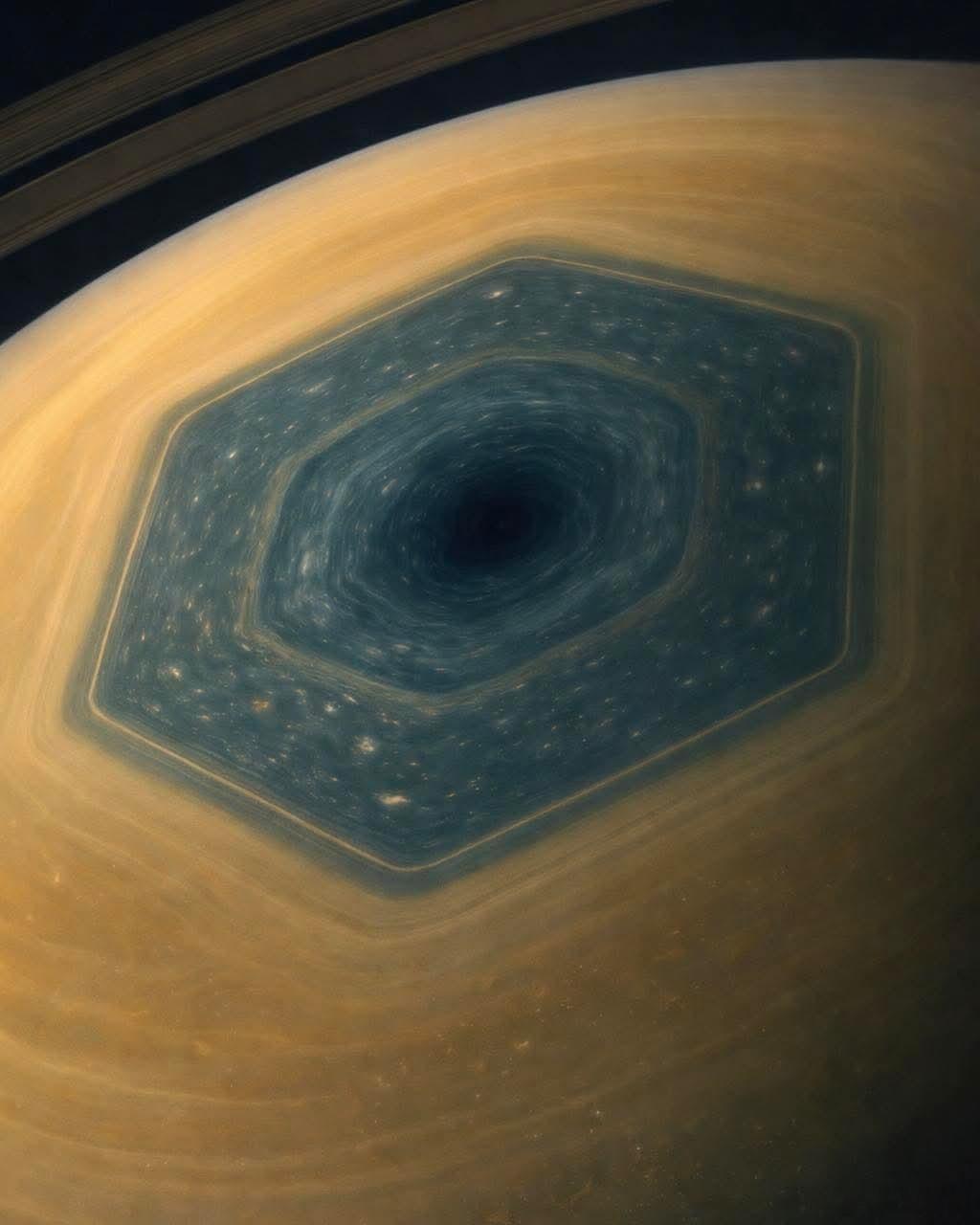 ‼️ 一个巨大的、宽达30,000公里的六边形风暴冠冕笼罩在土星的北极，每10小