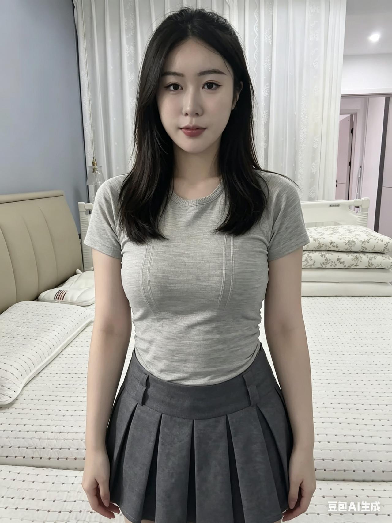 闲庭晴日暖，素影立娉婷。
衫浅凝霜雪，裙灰衬玉灵。
眉如远山黛，眸似秋水明。
一