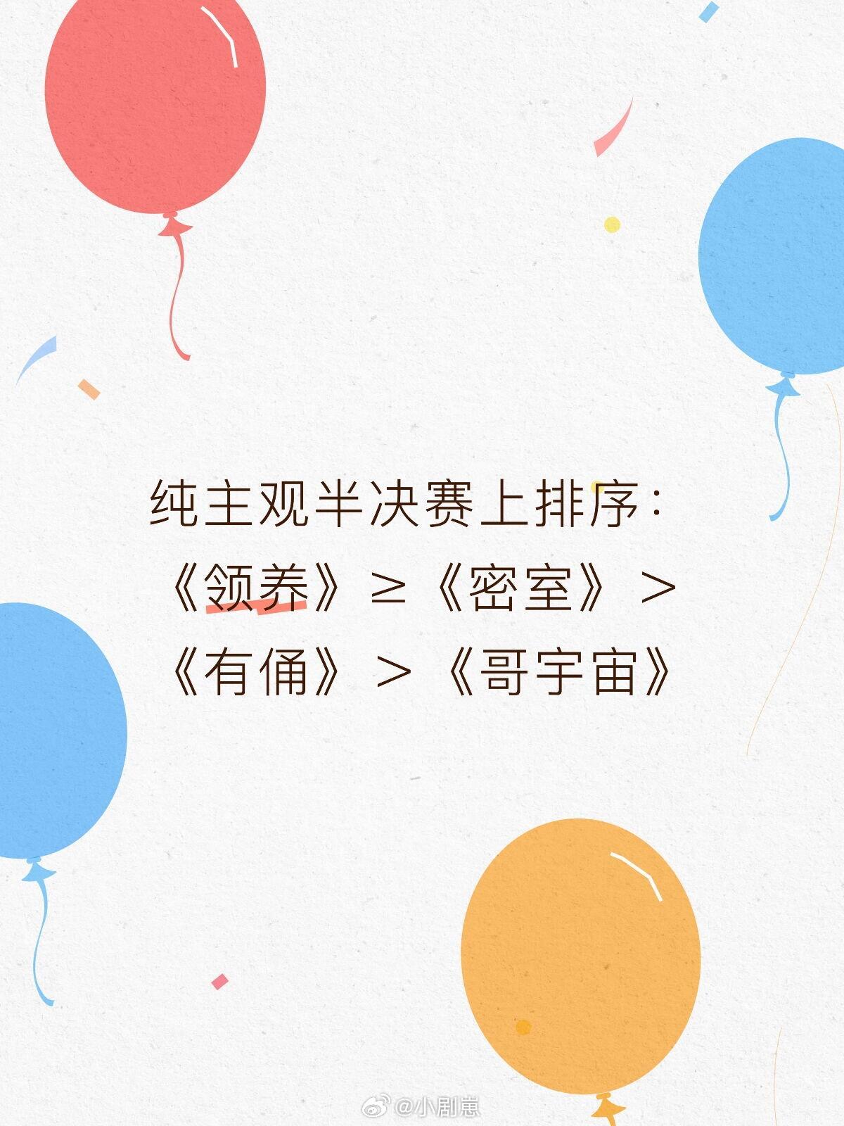 其他不管，领养怎么说也值得五花。纯主观半决赛上排序：《领养》≥《密室》＞《有俑》