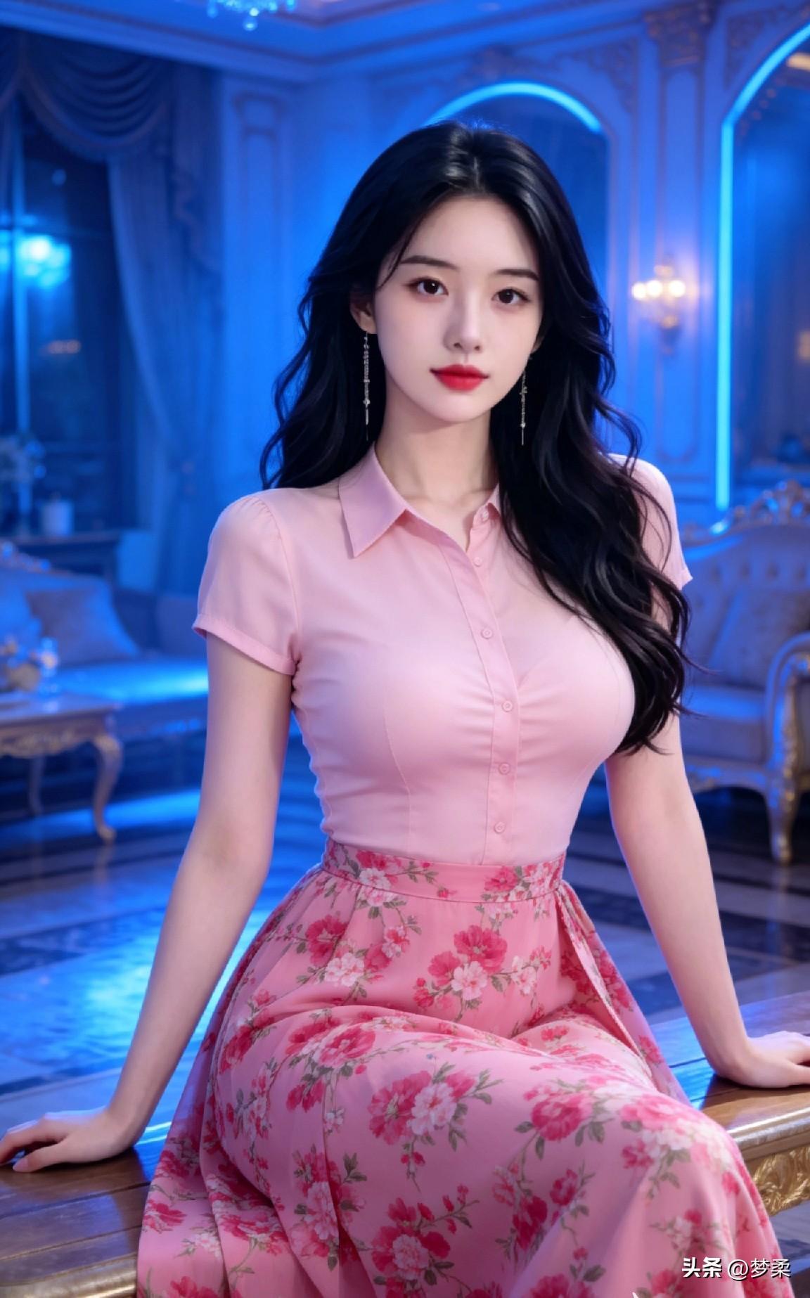 优雅粉裙少女，蓝调复古背景，梦幻氛围十足！粉系连衣裙