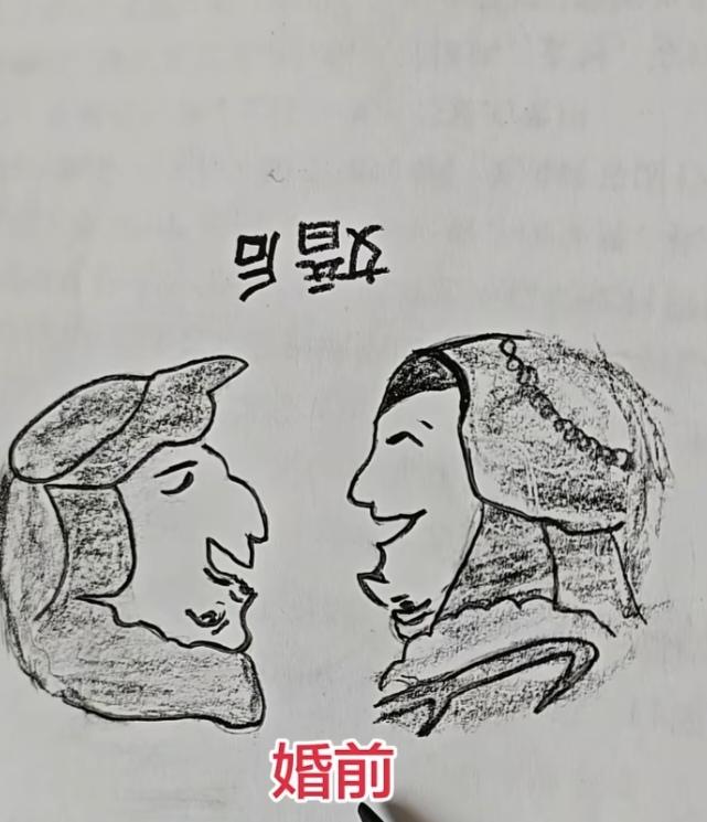 〔欣赏图片〕
图中画面真有趣；
一对男女挺搞笑；
婚前婚后不一样；
请把手机倒过