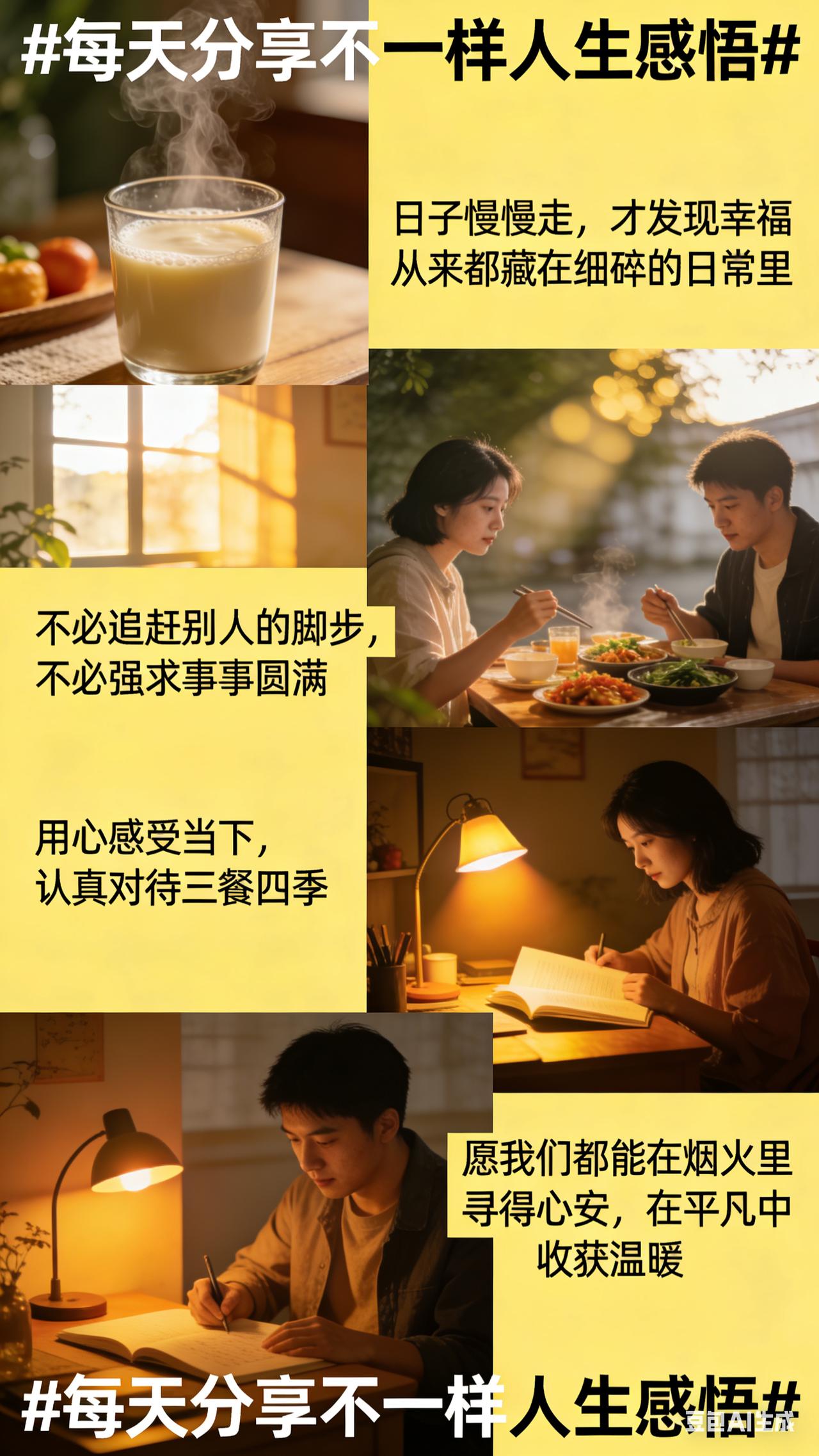 日子慢慢走，才发现幸福从来都藏在细碎的日常里。清晨一杯热豆浆的暖意，午后窗边洒落