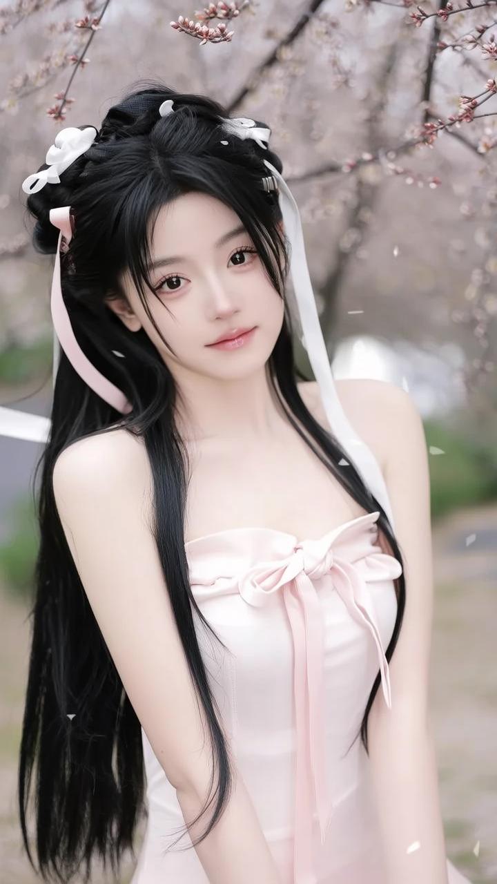 樱花树下，少女如画，粉裙飘飘，春意盎然。