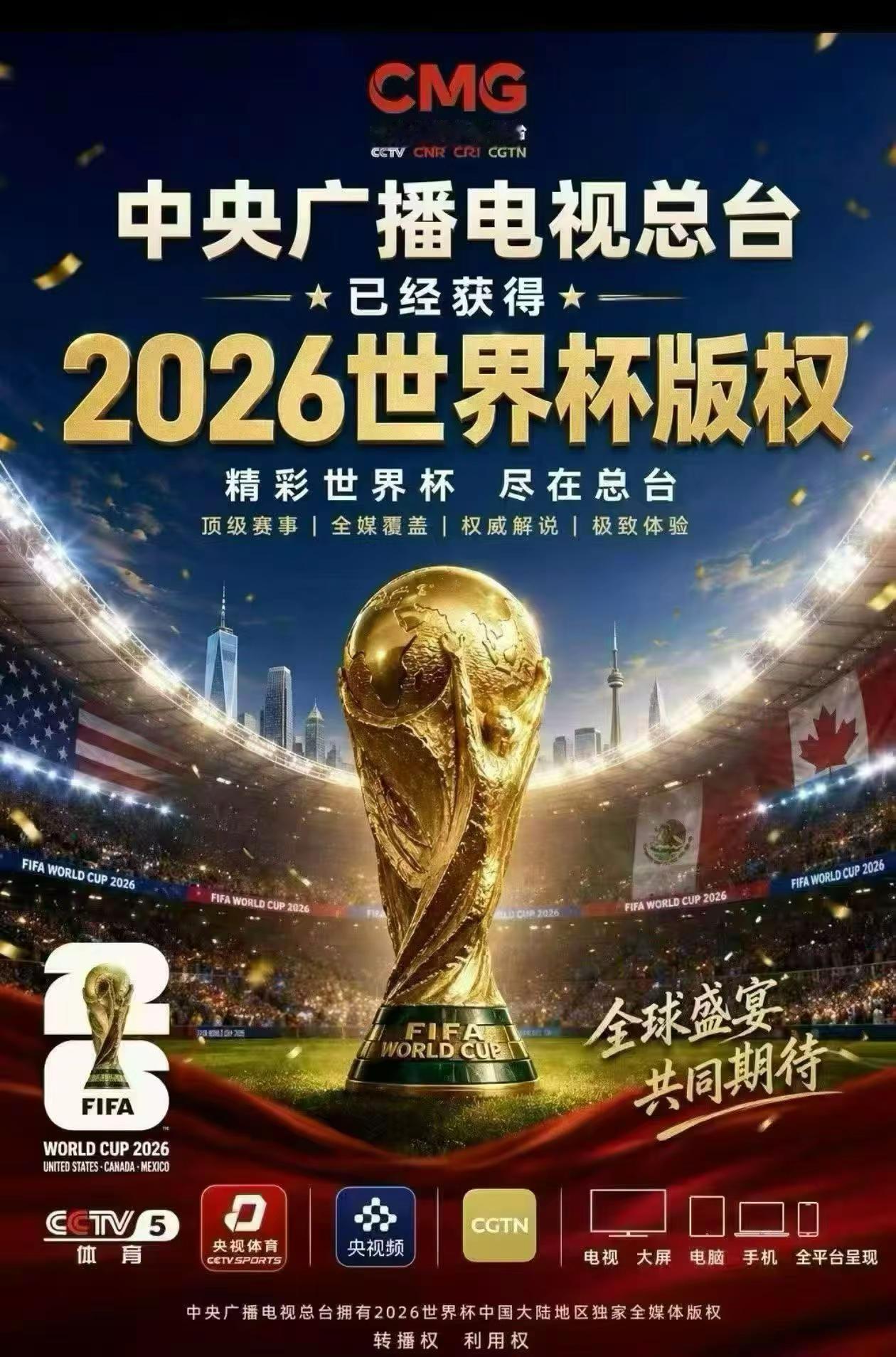 中央广播电视总台已经获得2026美加墨世界杯版权！！央视获得美加墨世界杯版权cc