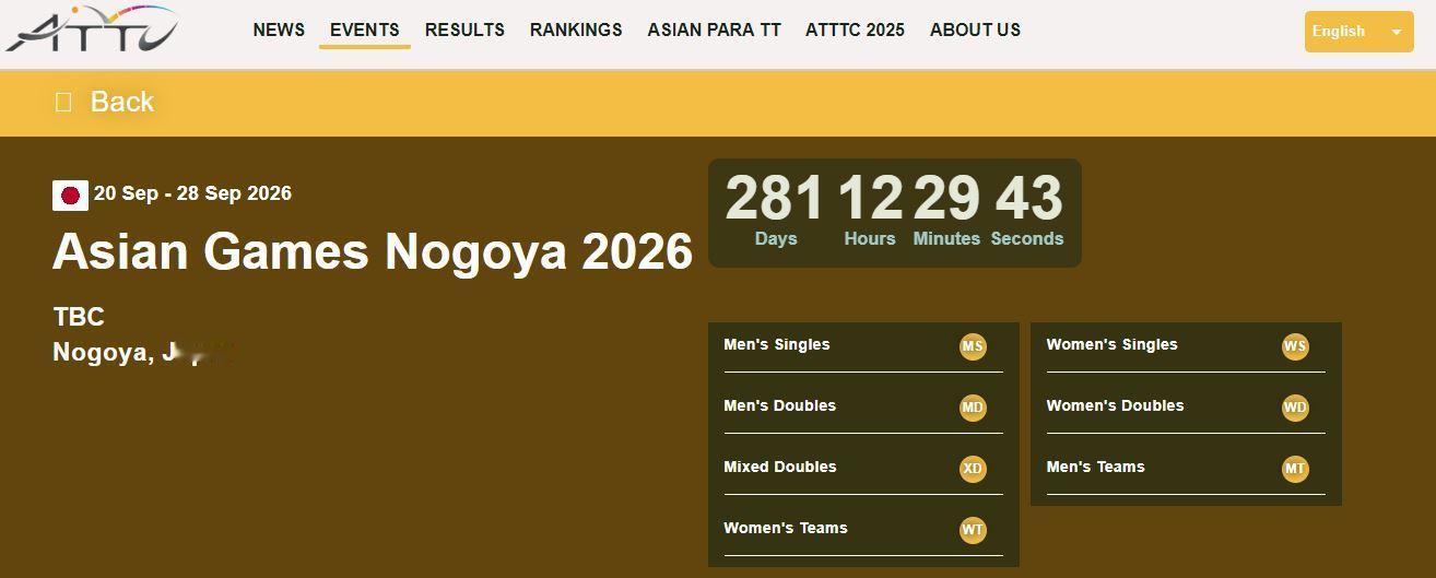 2026年名古屋亚运会乒乓球项目比赛时间：9月20日至9月28日 