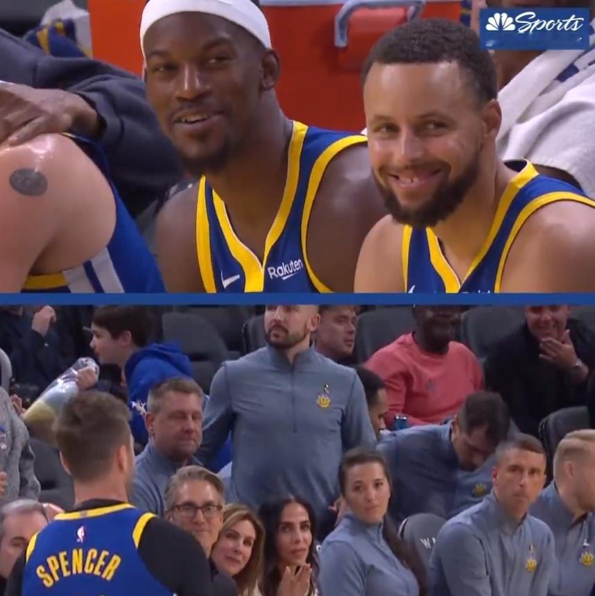 斯潘塞兄弟对决温情时刻双方队友都一副欣慰的表情☺️巴特勒、库里、莫兰特、波普，有