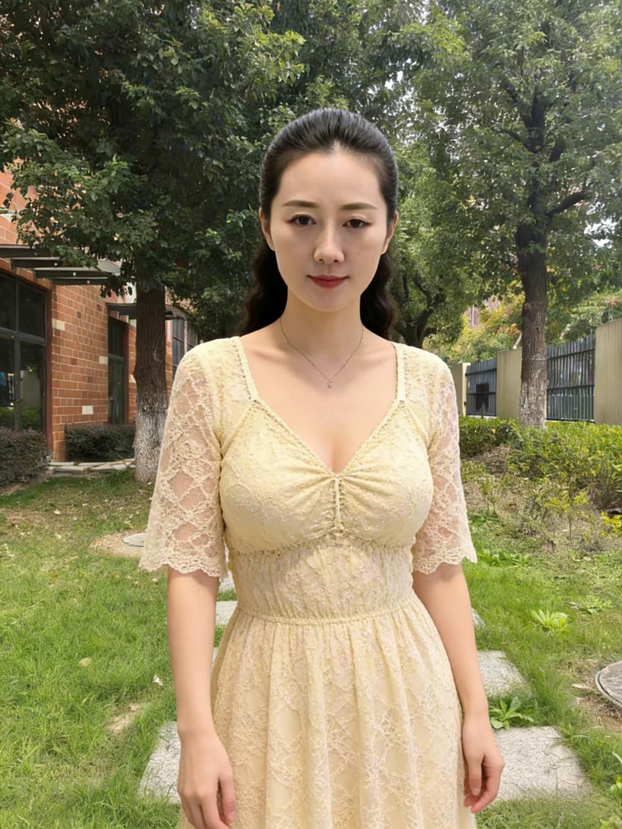 素裙依绿树，芳径踏晴茵。
风动蕾丝影，温柔入目新。