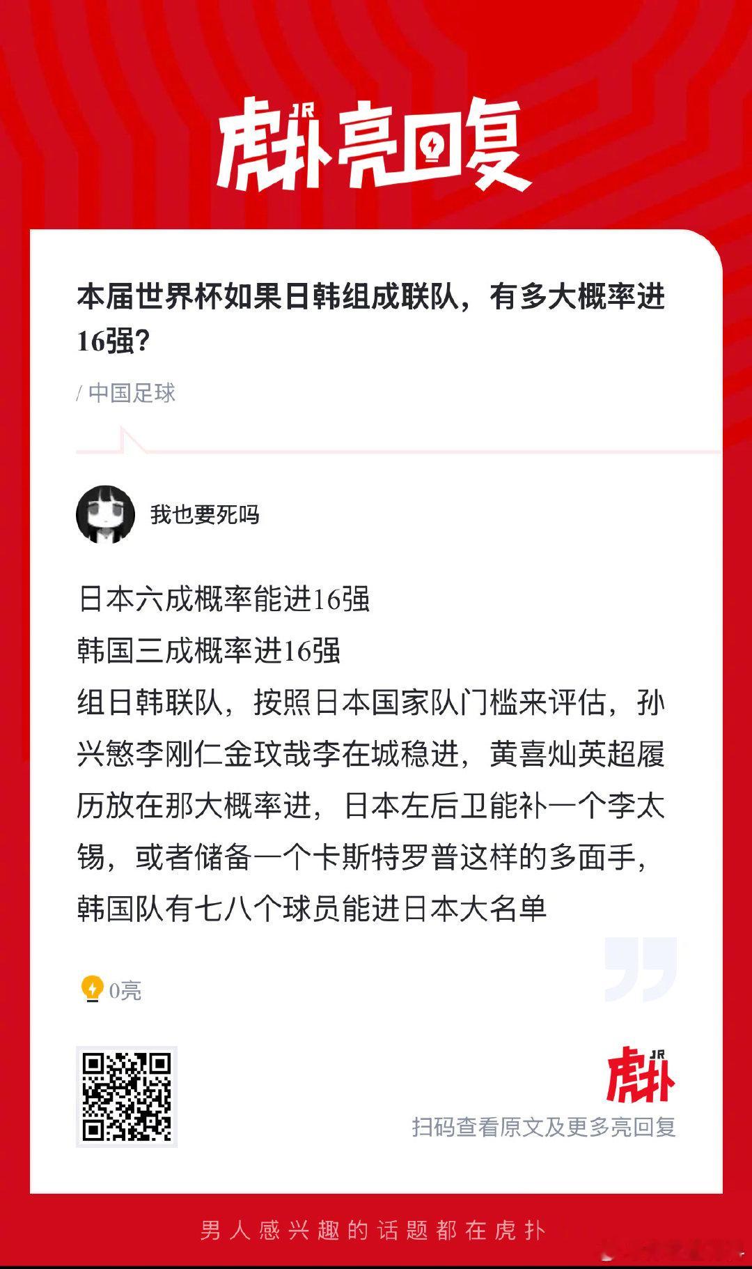本届世界杯如果日韩组成联队，有多大概率进16强？  cr：虎扑足球 