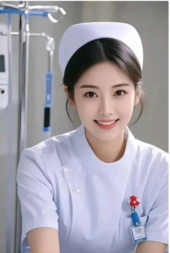 这位姑娘衣着护士服装，但丝毫难以掩盖其娇美的面容，唇红齿白，眉清目秀，简直美艳至