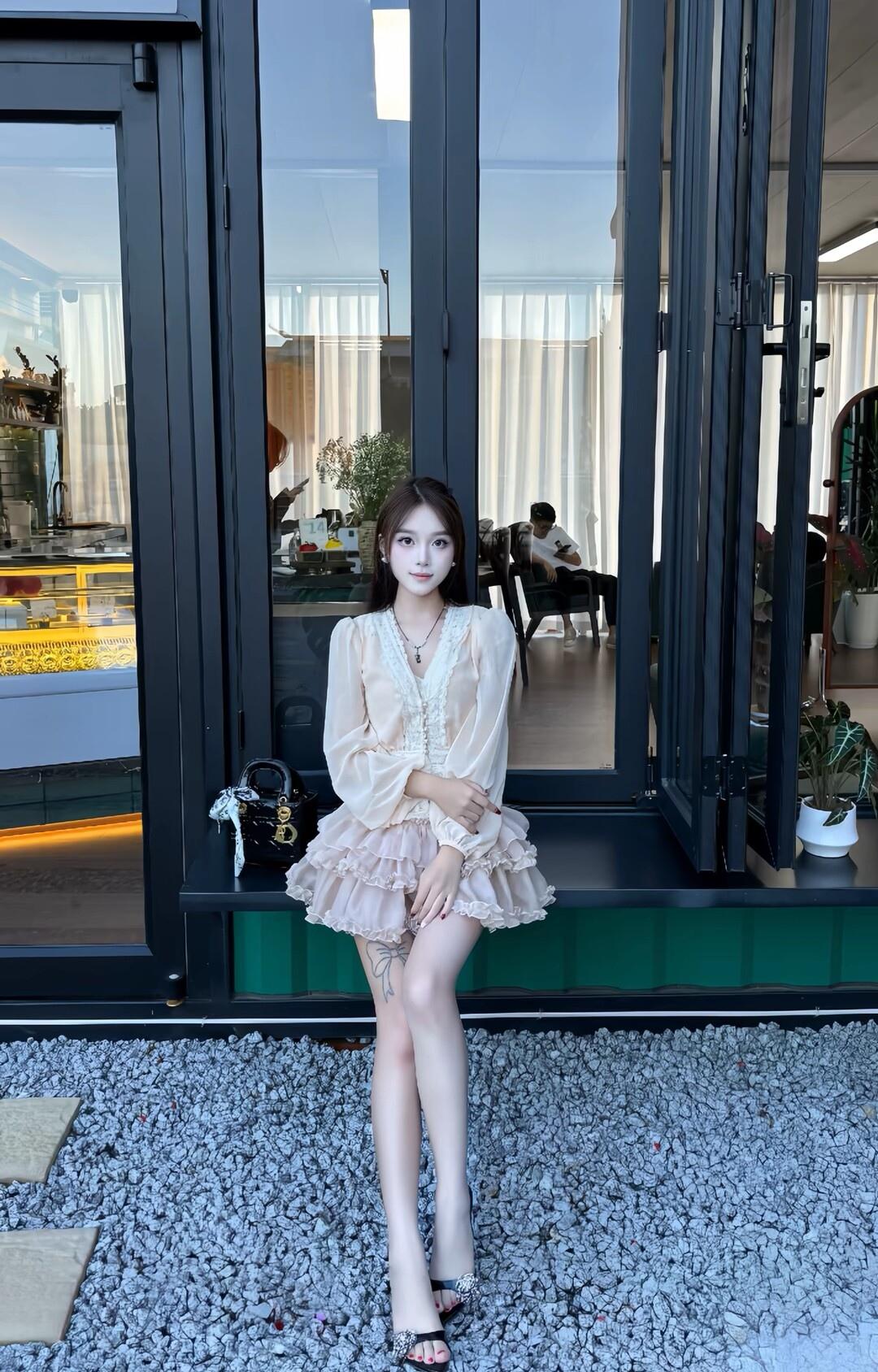 优雅甜美的少女风穿搭，咖啡馆前的清新自拍