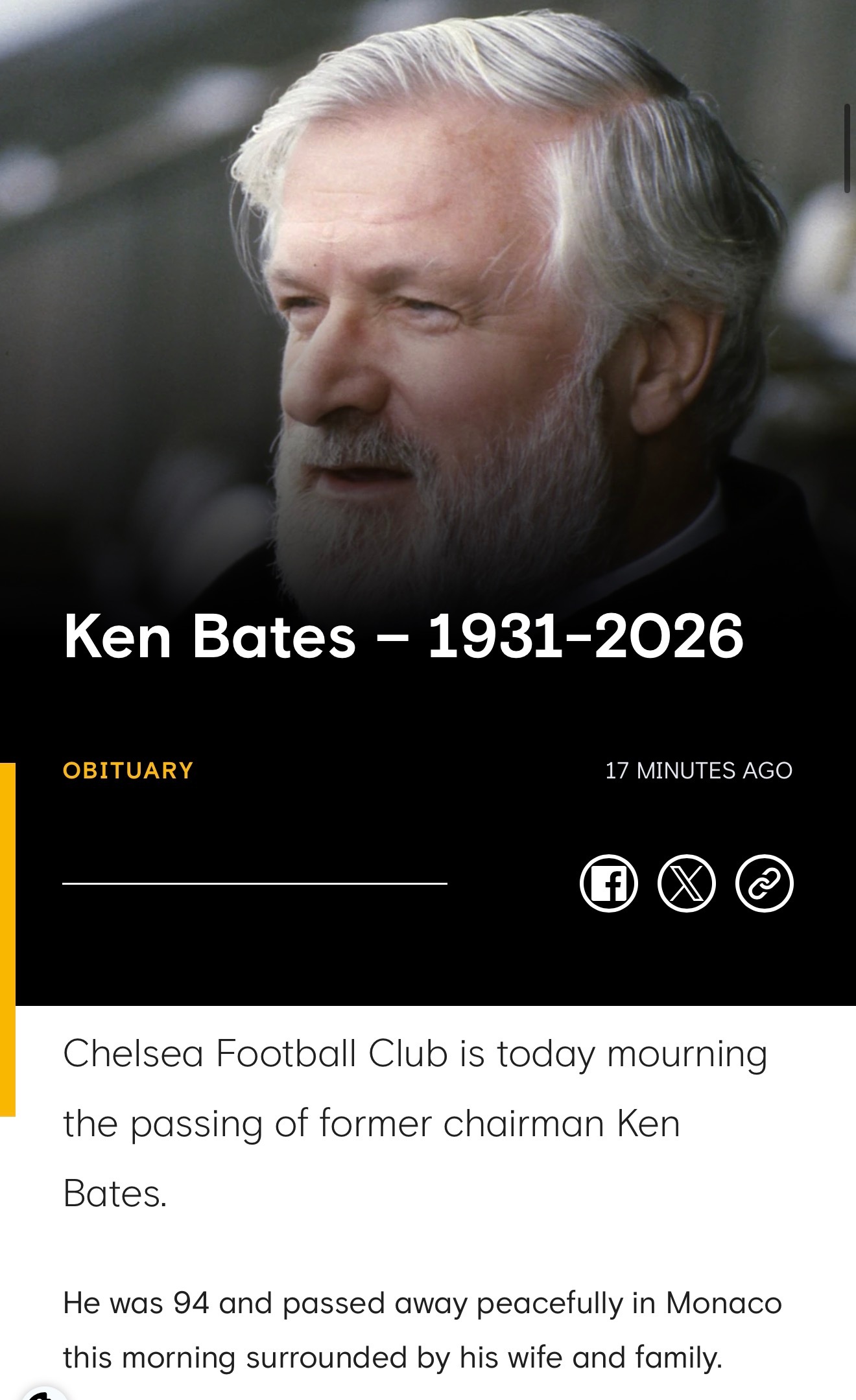 切尔西俱乐部声明 “我们怀着极大的悲痛分享肯·贝茨（Ken Bates）的逝世消