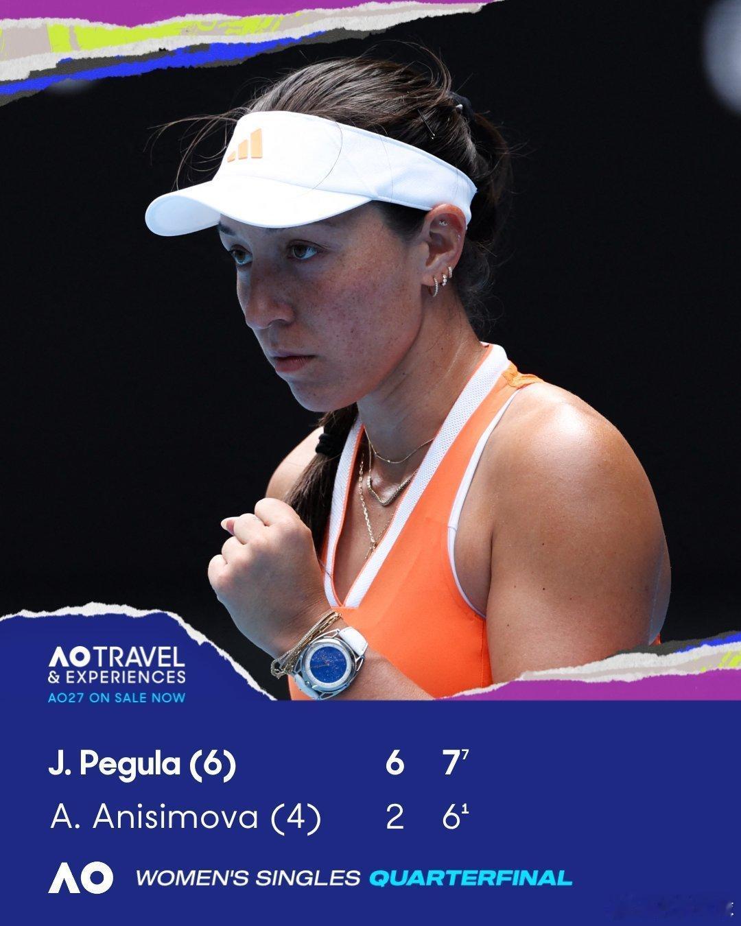 🇺🇸佩古拉6-2/7-6阿尼西莫娃🇺🇸打进个人第一个澳网半决赛。这很澳网