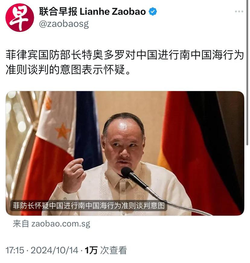 新加坡联合早报今天（10月14日）报道：“菲律宾国防部长特奥多罗对中国进行南中国
