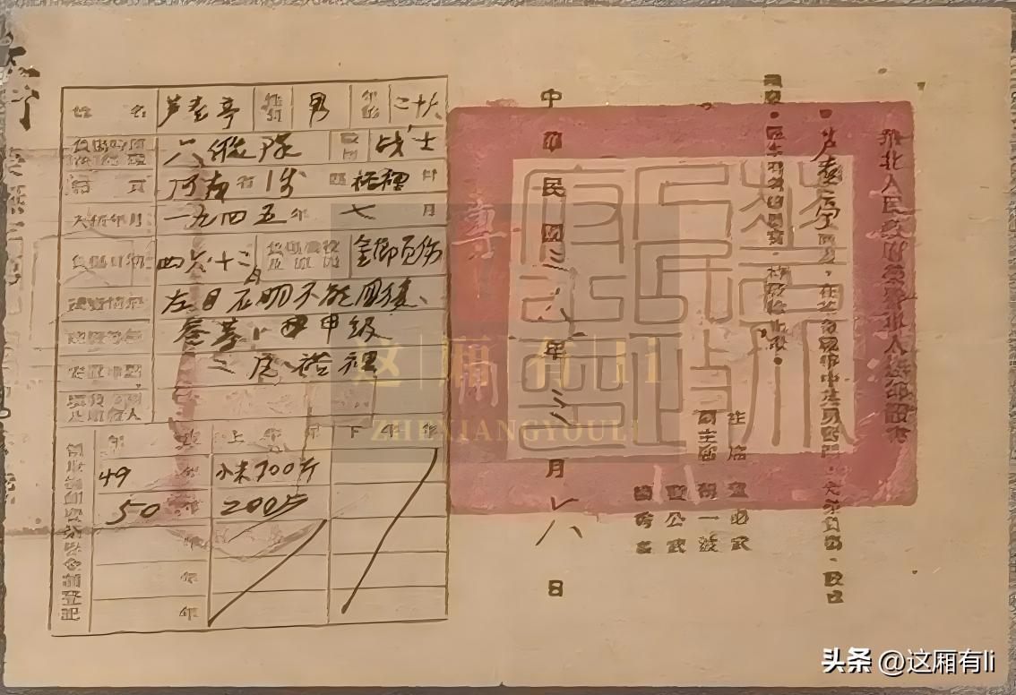 晋冀鲁豫边区政府颁发的金乡战斗负伤战士残疾证和抚恤证。持证人芦喜亭，24 岁，六